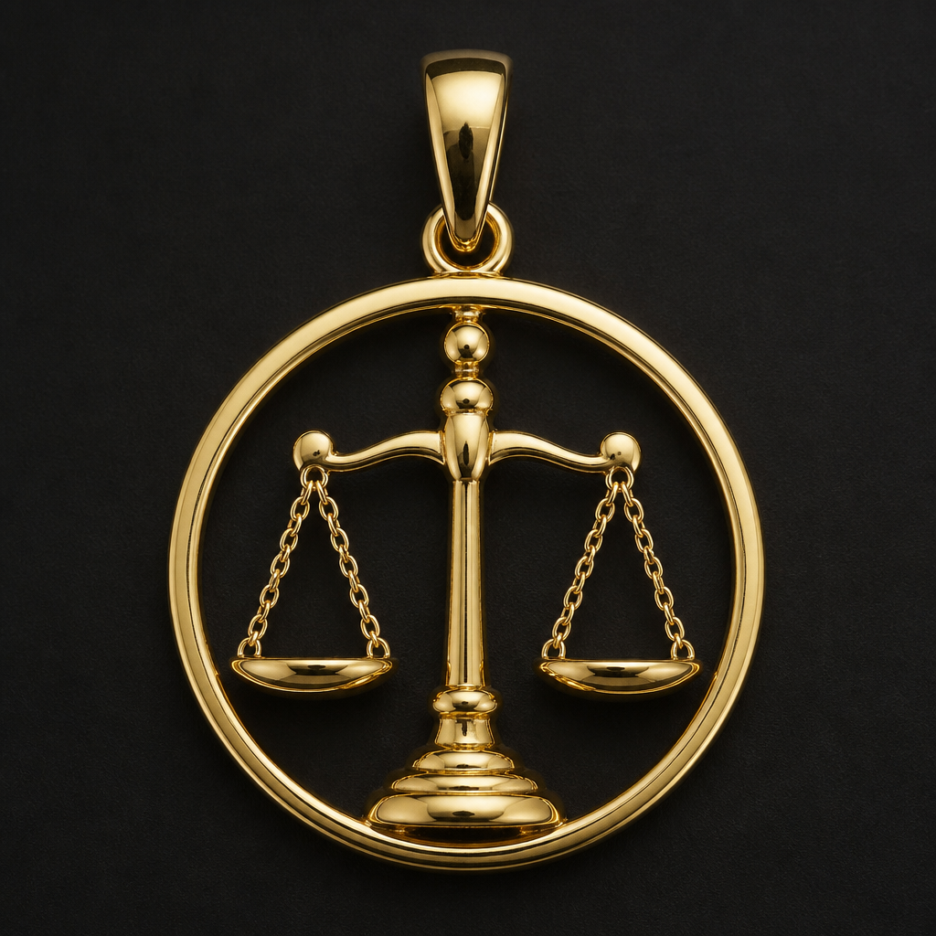 Scales of Justice Pendant
photorealistic jewelry design, Scales of Justice Pendant, gold style, just the design no text