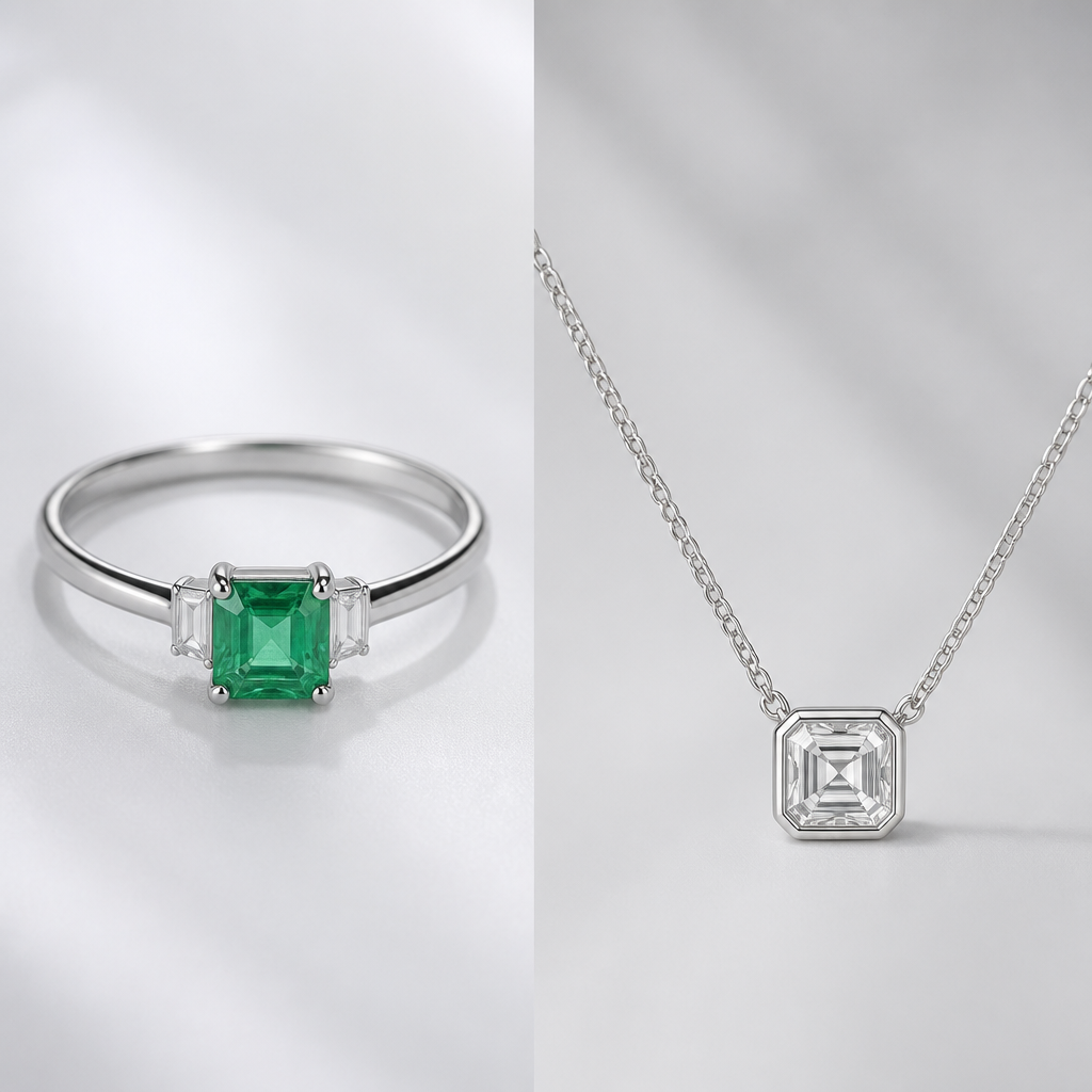 A minimalist women's ring with emerald stones suitable for formal. a white gold square diamond and a white gold necklace with the same square diamond
photorealistic jewelry design, A minimalist women's ring with emerald stones suitable for formal. a white gold square diamond and a white gold necklace with the same square diamond, minimalist style, just the design no text