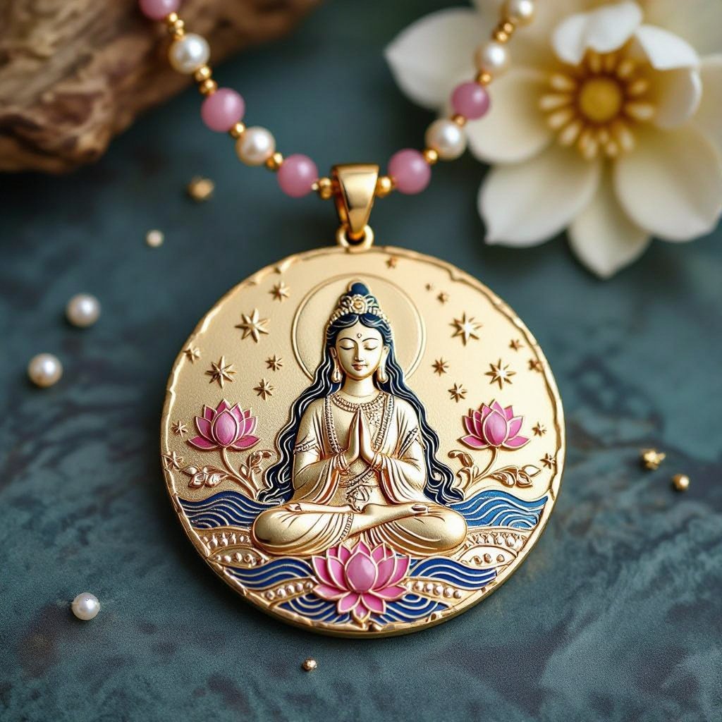 Кулон на длинной цепочке. Матовое светлое золото. В цепочке небольшие золотые шарики и розовые камушки и жемчуга. Кулон в форме неровного мятого круга. На круге изображена девушка с длинными волосами лица не видно в молитве и позе лотоса нечетко. Круг украшен лотосами звездами волнами узорами