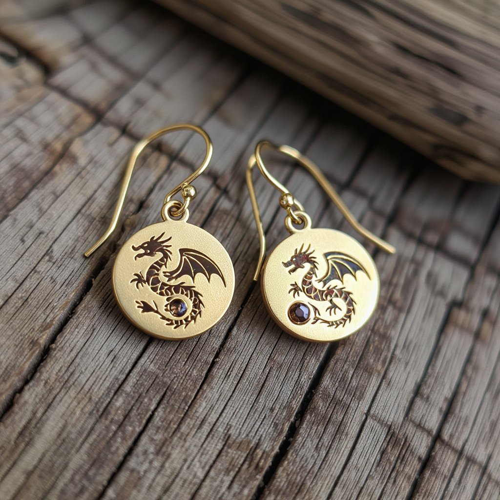 Золотые матовые серьги с изображением дракона узоры и камни мелкие раузтопаз