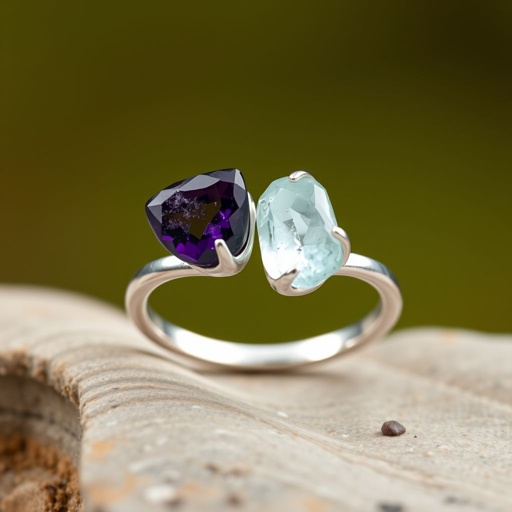 Design silver adjustable ring, use minimum silver, use 2 raw natural gemstones 