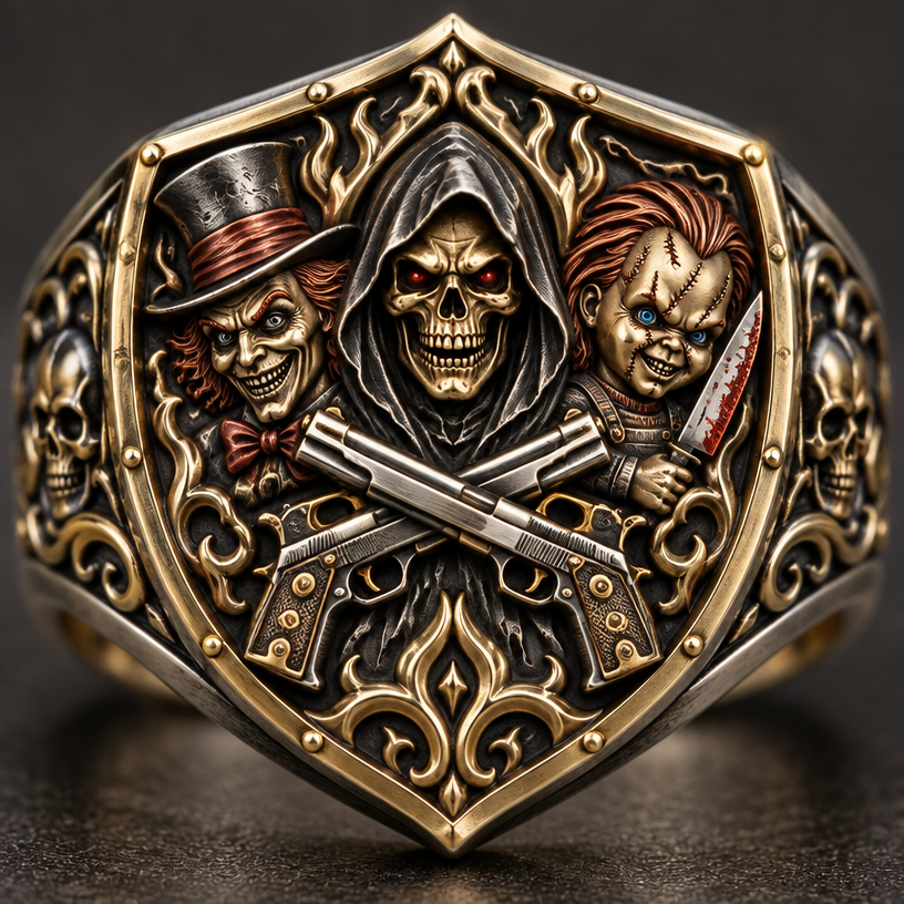 A signet women's ring made of mixed metal suitable for daily wear, detailed and decorative, moderately ornate. madhatter a reaper and Chucky and 2 pistols crossing in a shield
using the attached image as a visual reference, create A signet women's ring made of mixed metal suitable for daily wear, detailed and decorative, moderately ornate. madhatter a reaper and Chucky and 2 pistols crossing in a shield. photorealistic, just the design no text
