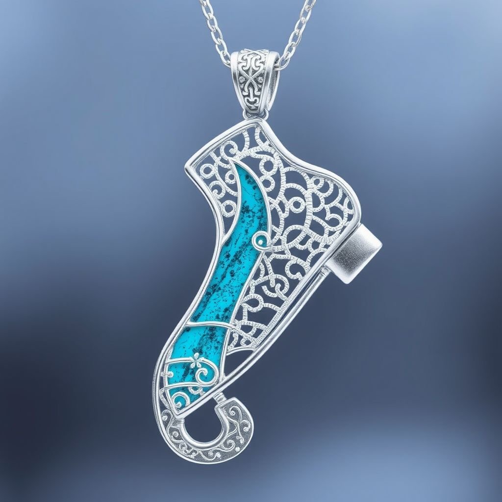Silver Pendant shape one ice skate with turquoise stripe inside the low thin part blade 