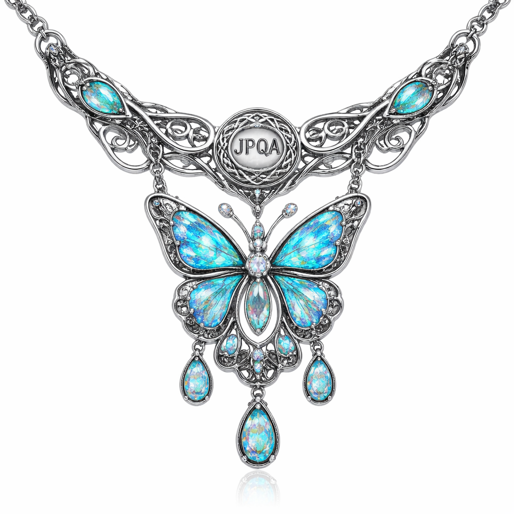 A celtic women's necklace made of silver with opal stones suitable for birthday. que sea una joya única con una mariposa y t nga demaciado detalles y en el aro que tenga JPQA