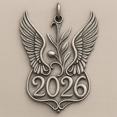 Slim silver cut-out charm only with  two spread out bird wings, an olive branch and  along year 2026
