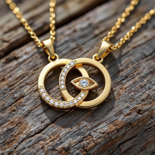 Подвеска из матового золота с узорами и мелкими камнями в форме двух пересекающихся окружностей и глаза между ними