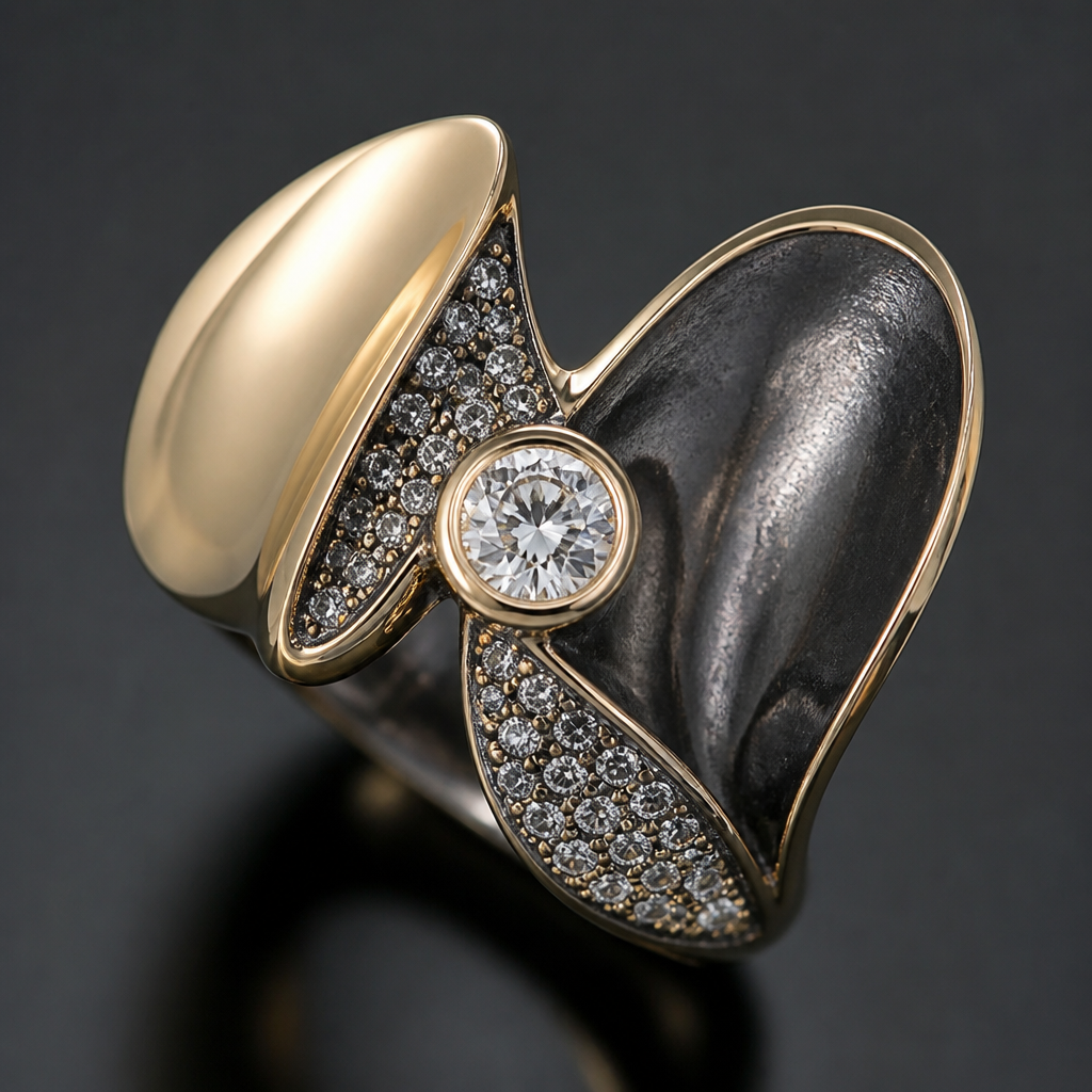 A avant-garde women's ring made of mixed metal with diamond stones suitable for festival. An extraordinary excellent beautiful delicate and elegant solitaire women ring. Face of the ring.
photorealistic jewelry design, A avant-garde women's ring made of mixed metal with diamond stones suitable for festival. An extraordinary excellent beautiful delicate and elegant solitaire women ring. Face of the ring., avant_garde style, just the design no text