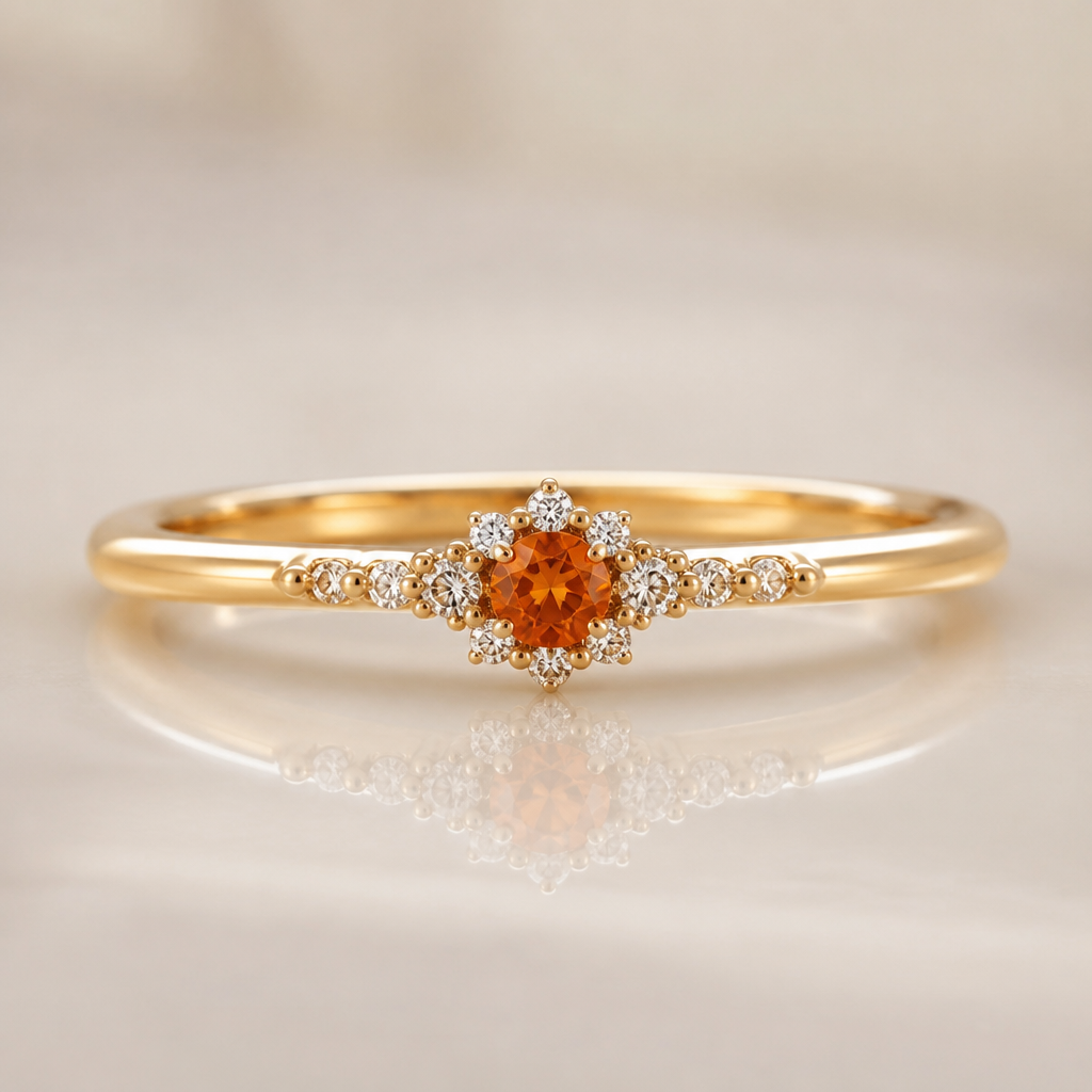 Thin solid gold band with burnt orange diamond in the middle of the band with transparent diamonds around it.
photorealistic jewelry design, Thin solid gold band with burnt orange diamond in the middle of the band with transparent diamonds around it. , royal style, just the design no text