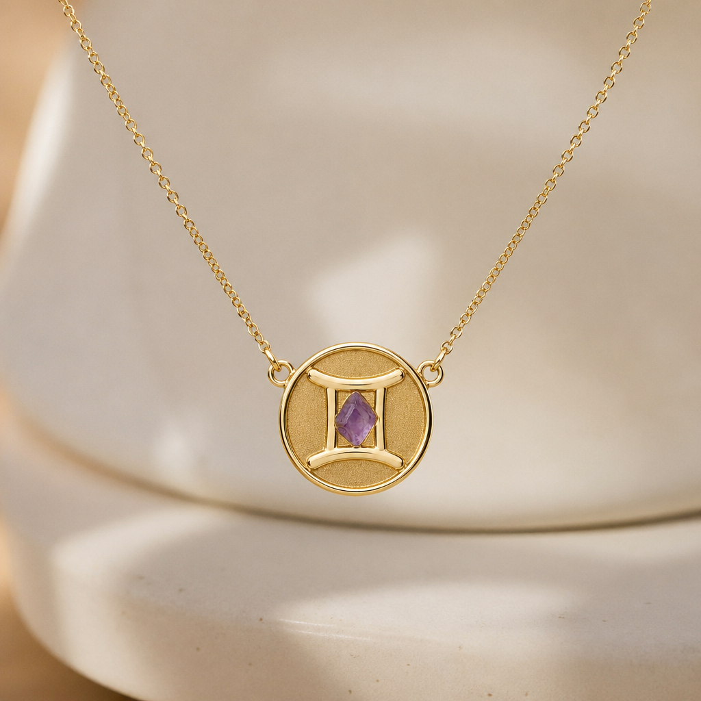 A minimalist women's necklace made of gold with amethyst stones suitable for daily wear. um colar com fio dourado, ouro, a joia em um circulo cheio, cravado em si o signo gemeos contendo no seu centro um estilhaço de amethyst. um fio elegante, discreto, com um toque de charme e delicado
photorealistic jewelry design, A minimalist women's necklace made of gold with amethyst stones suitable for daily wear. um colar com fio dourado, ouro, a joia em um circulo cheio, cravado em si o signo gemeos contendo no seu centro um estilhaço de amethyst. um fio elegante, discreto, com um toque de charme e delicado, minimalist style, just the design no text