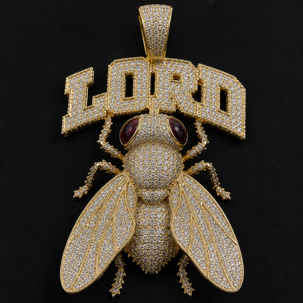 A men's pendant made of gold suitable for birthday. Lord of the flies piece basically I want a iced out fly pendent with the word lord above make it big like a big fly
photorealistic jewelry design, A men's pendant made of gold suitable for birthday. Lord of the flies piece basically I want a iced out fly pendent with the word lord above make it big like a big fly, modern style, just the design no text