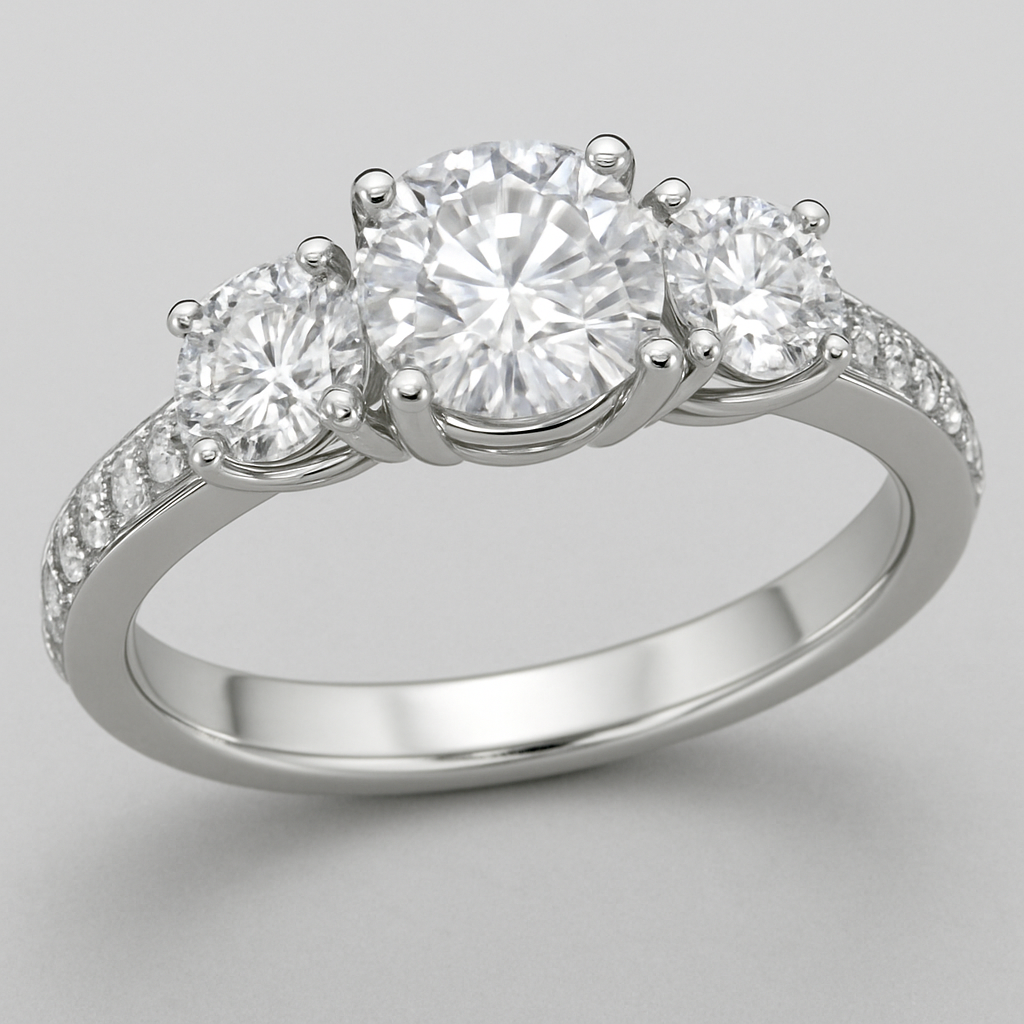 Elegant platinum 4 carat tw 3 stone ring pave band