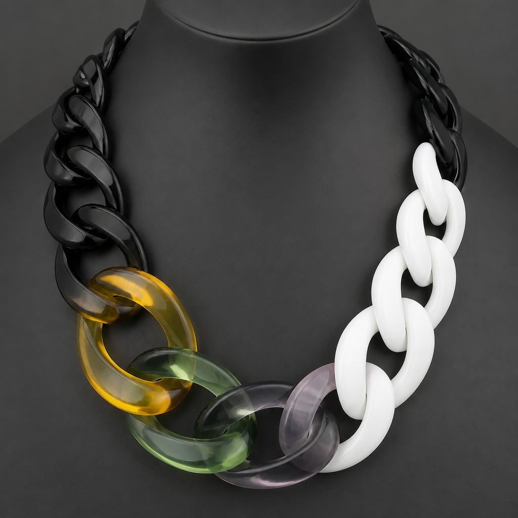 A women's necklace. create a chunky Cuban links style plastic necklace that is graduated and exaggerated in the first three links of translucent colors with the back part black and the front white
photorealistic jewelry design, A women's necklace. create a chunky Cuban links style plastic necklace that is graduated and exaggerated in the first three links of translucent colors with the back part black and the front white, modern style, just the design no text