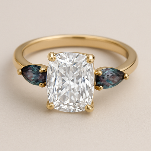 2 carat elongated cushion cut diamond engagement yellow gold ring with marquise shaped alexandrite side stones 