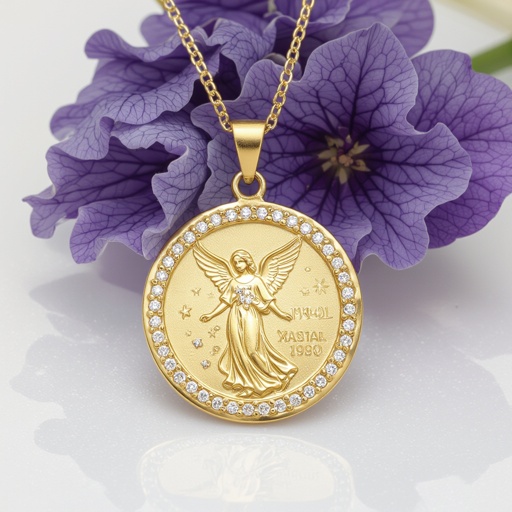 Золотые матовый медальон в форме круга с неровными краями. На круге выгравирован ангел и украшен миниатюрными камнями