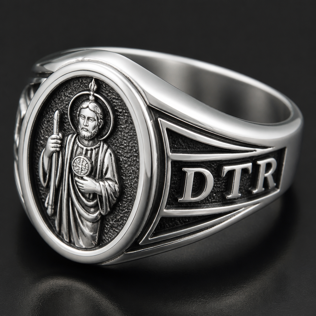 A men's ring made of silver suitable for gift. un anillo de san judas tadeo con iniciales a los lados qué digan DTR y en la parte de a dentro diga torres
photorealistic jewelry design, A men's ring made of silver suitable for gift. un anillo de san judas tadeo con iniciales a los lados qué digan DTR y en la parte de a dentro diga torres, modern style, just the design no text