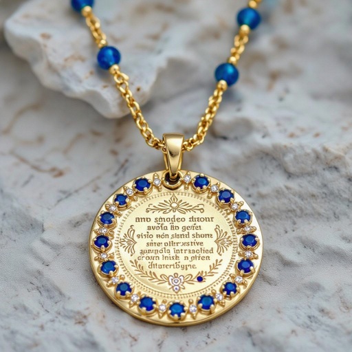 Кулон на длинной цепочке. Матовое светлое золото. В цепочке небольшие золотые шарики и синие камушки и жемчуга. Кулон в форме неровного мятого круга. На круге изображена мантра украшена узорами и мелкими камушками 