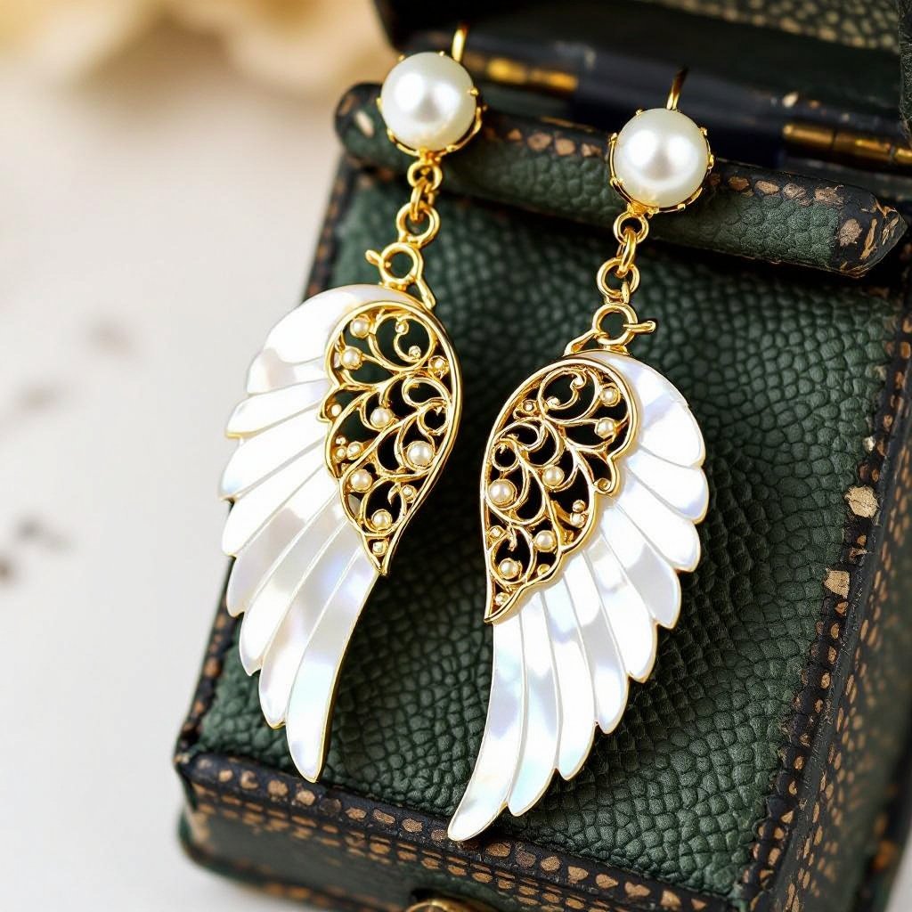 Серьги в виде белого крыла ангела из перламутра в золоте