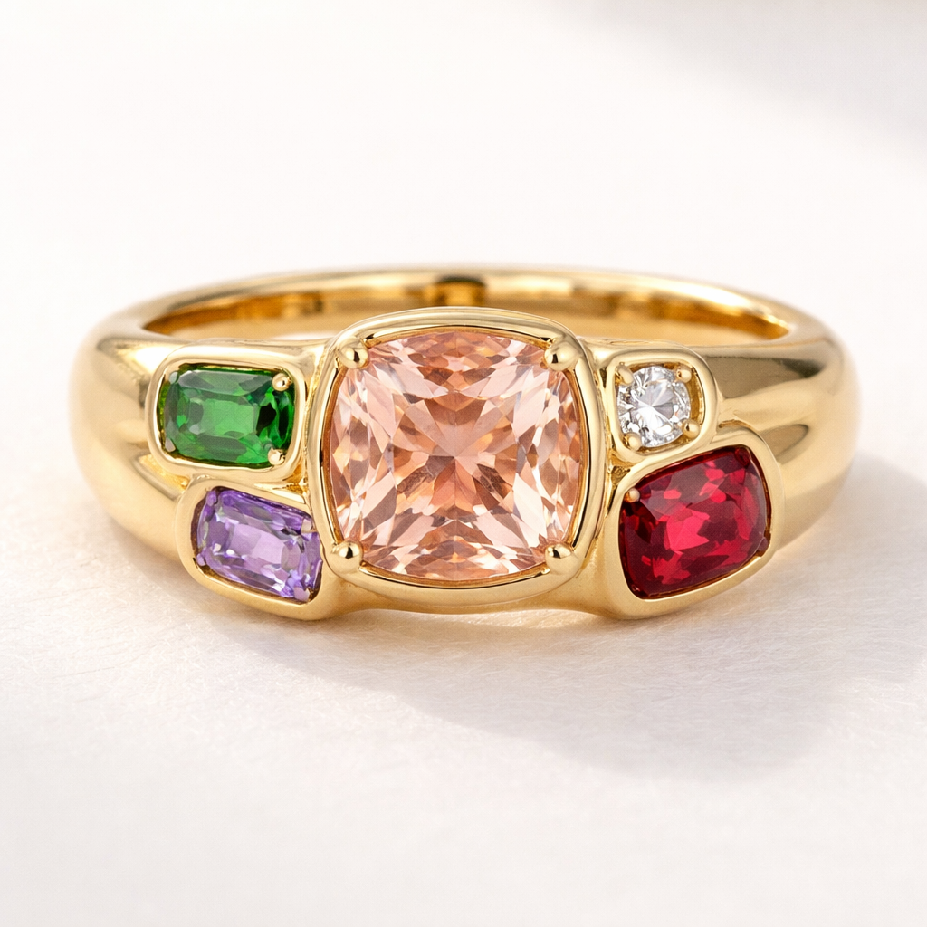Crée moi une bague avec une morganite coussin une tsavorite taille émeraude un diamant rond un Spinel Lila taille émeraude et un Spinel rouge coussin les pierre font moins d’un demi carat sauf la morganite les pierres sont intégrés dans le corp de bague en sertie masse