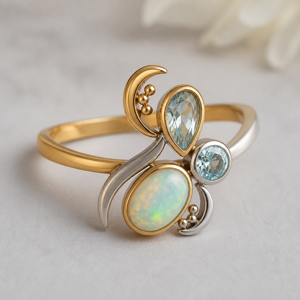 A minimalist women's ring made of mixed metal with opal and topaz and aquamarine stones suitable for festival. A modern women ring with little ornaments of modern motifs.
photorealistic jewelry design, A minimalist women's ring made of mixed metal with opal and topaz and aquamarine stones suitable for festival. A modern women ring with little ornaments of modern motifs., minimalist style, just the design no text
