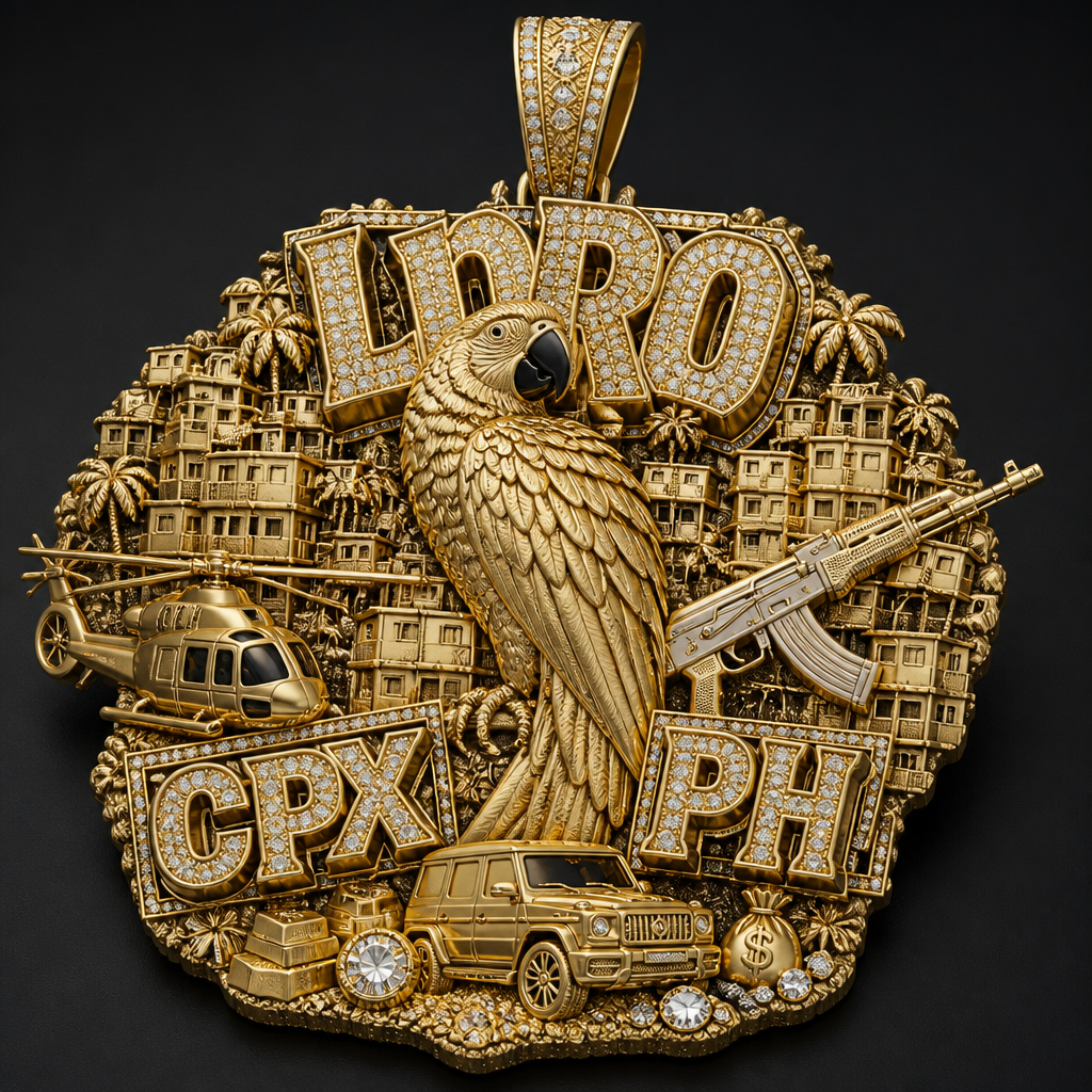 A luxury men's pendant made of gold suitable for daily wear, highly ornate, intricate and elaborate, richly detailed. Crie um pingente de ouro de luxo exagerado tipo de dono de morro, vou falar umas temáticas e você inventa:
Favelas.
Um papagaio loro forte.
Um nome grande em uma parte "LORO"
Em outra parte escrito "CPX" e "PH"
Algumas pedras cravejadas.
E outras coisas no pingente pra deixar tipo dono de morro/favela.
Obs principais: deixe a cor do ouro claro e deixe o pingente 100% otimizada.
photorealistic jewelry design, A luxury men's pendant made of gold suitable for daily wear, highly ornate, intricate and elaborate, richly detailed. Crie um pingente de ouro de luxo exagerado tipo de dono de morro, vou falar umas temáticas e você inventa:
Favelas.
Um papagaio loro forte.
Um nome grande em uma parte "LORO"
Em outra parte escrito "CPX" e "PH"
Algumas pedras cravejadas.
E outras coisas no pingente pra deixar tipo dono de morro/favela.
Obs principais: deixe a cor do ouro claro e deixe o pingente 100% otimizada., luxury style, just the design no text