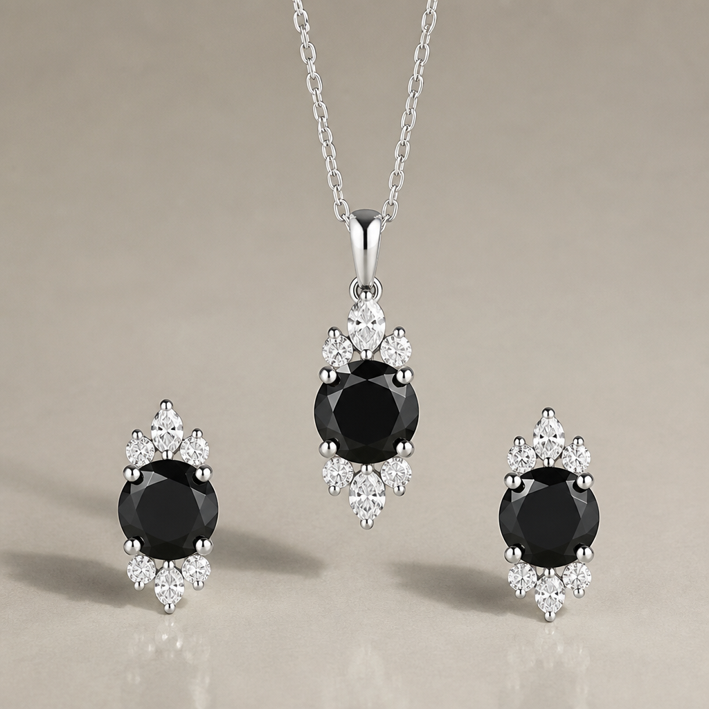 round black moissanite with other stones on sides earrings and pendant - not halo design
photorealistic jewelry design, round black moissanite with other stones on sides earrings and pendant - not halo design , just the design no text