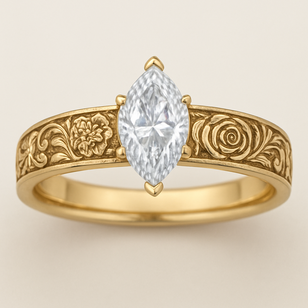 2ct marquise engagement ring with gold vintage design on band that has the same width around. on one side of the band is one subtle carnation the band. and the other side of the band has one subtle rose  