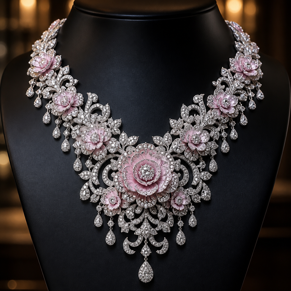 Luxury diamond necklace inspired by Iraqi Jouri rose, small layered pink petals, royal aesthetic, white gold, sparkling crystals, elegant high-end jewelry, premium lighting, Khamael brand
photorealistic jewelry design, Luxury diamond necklace inspired by Iraqi Jouri rose, small layered pink petals, royal aesthetic, white gold, sparkling crystals, elegant high-end jewelry, premium lighting, Khamael brand, byzantine style, just the design no text