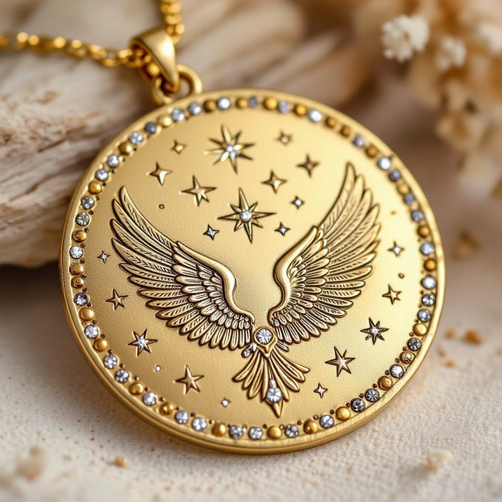 Золотой матовый медальон в форме неровного круга с неровными краями. По краям выпуклые точки сплошной линией. На круге выгравирован ангел без фигуры, видно только крылья и вокруг здездочки и разные узоры и украшен миниатюрными камнями