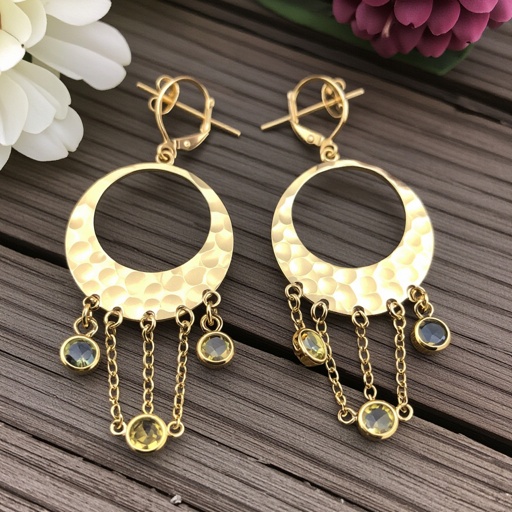 Золотые серьги словно мятое золото в форме узкого изящного полумесяца. Верхушка полумесяца крепится к застежке серьги.  От полумесяца идет три цепочки, у каждой на конце мелкий камушек цитрин