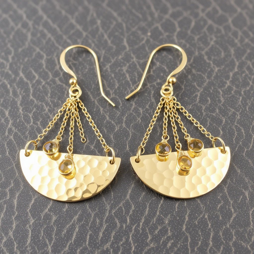 Золотые серьги словно мятое золото в форме узкого изящного полумесяца. Верхушка полумесяца крепится к застежке серьги.  От полумесяца идет три цепочки, у каждой на конце мелкий камушек цитрин
