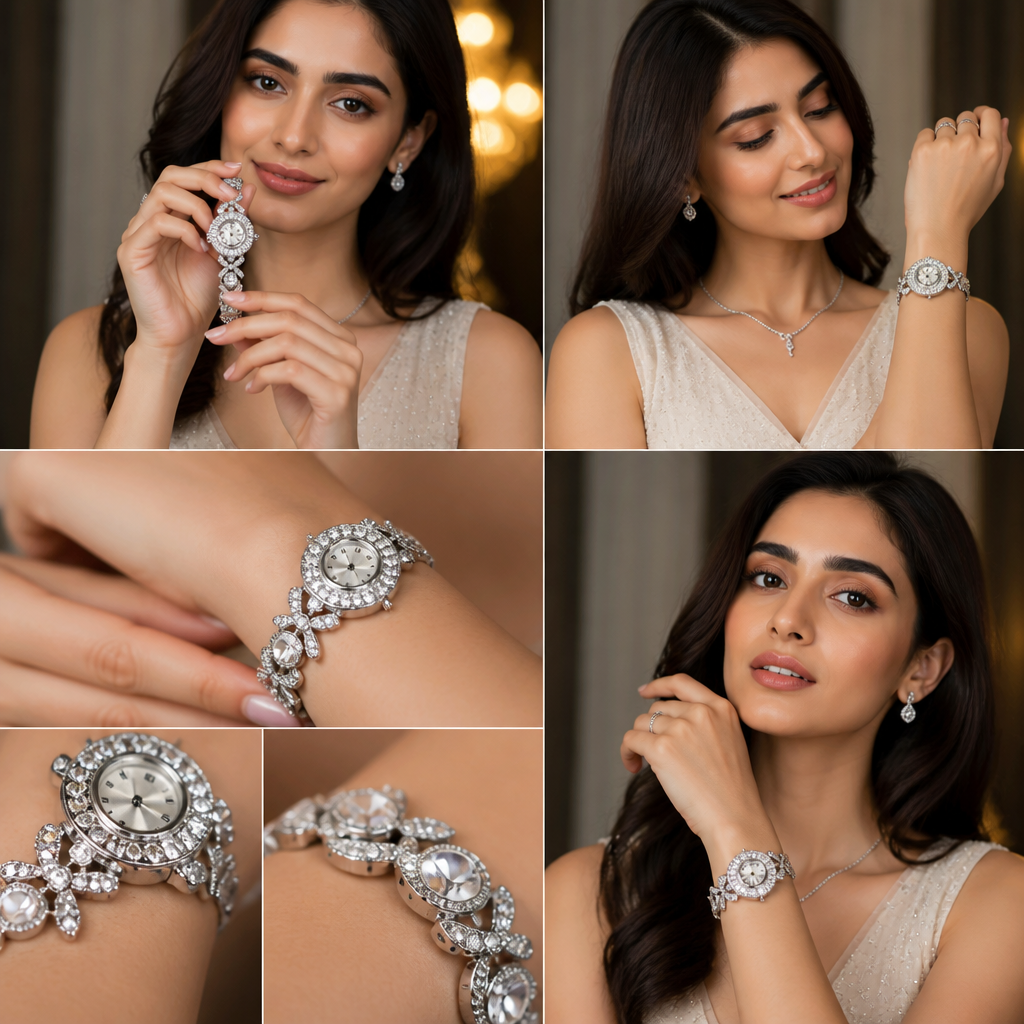 A young woman elegantly picks up a sparkling silver bracelet watch and presents it to the camera with a smile. She then gracefully wears the watch on her wrist and shows how beautifully it fits. Next, she brings her wrist close to her face and poses confidently, highlighting the watch from different angles. The video includes close-up shots of the premium crystal stones, shiny silver finish, detailed craftsmanship, and elegant design. Soft luxury lighting, clean background, professional jewelry advertisement style, high-resolution 4K quality, smooth cinematic movements, sharp focus, premium product showcase, luxury fashion commercial look.” ✨⌚
photorealistic jewelry design, A young woman elegantly picks up a sparkling silver bracelet watch and presents it to the camera with a smile. She then gracefully wears the watch on her wrist and shows how beautifully it fits. Next, she brings her wrist close to her face and poses confidently, highlighting the watch from different angles. The video includes close-up shots of the premium crystal stones, shiny silver finish, detailed craftsmanship, and elegant design. Soft luxury lighting, clean background, professional jewelry advertisement style, high-resolution 4K quality, smooth cinematic movements, sharp focus, premium product showcase, luxury fashion commercial look.” ✨⌚, just the design no text