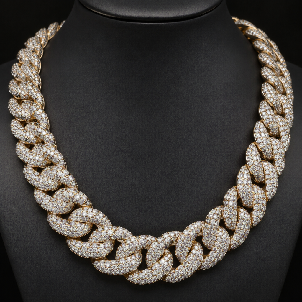 A diamond women's necklace made of silver with diamond stones suitable for party, highly ornate, intricate and elaborate, richly detailed. un collar estilo cubano de oro diamantado
photorealistic jewelry design, A diamond women's necklace made of silver with diamond stones suitable for party, highly ornate, intricate and elaborate, richly detailed. un collar estilo cubano de oro diamantado, diamond style, just the design no text