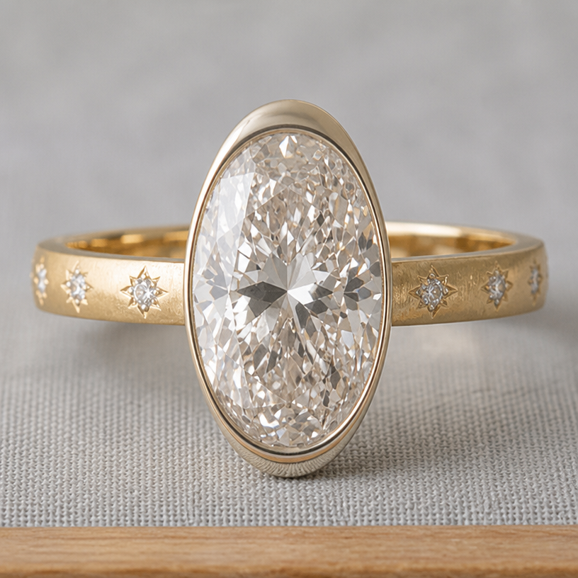 A women's ring. bezel should diffuse to a thin bezel on the east and west sides of the stone while keeping the thick bezel wall on north and south sides of the stone
using the attached image as a visual reference, create A women's ring. bezel should diffuse to a thin bezel on the east and west sides of the stone while keeping the thick bezel wall on north and south sides of the stone. photorealistic, just the design no text
