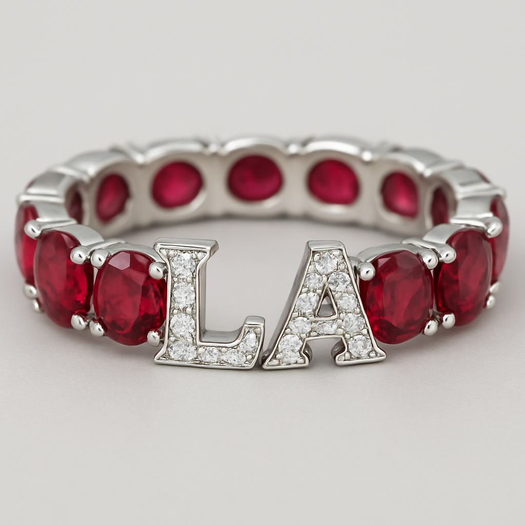 ruby ring with L and A letters with diamonds