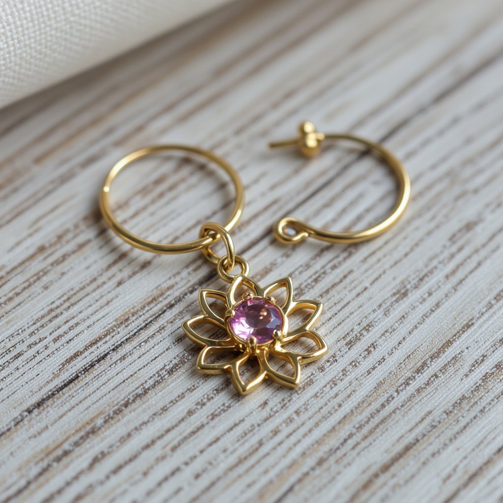 Серьги небольшие кольца, подвеска в виде золотого лотоса шестью лепестками с маленьким розовым кварцем по центру