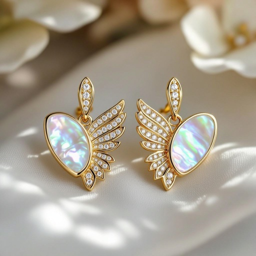 Серьги в виде белого крыла ангела из перламутра в золоте