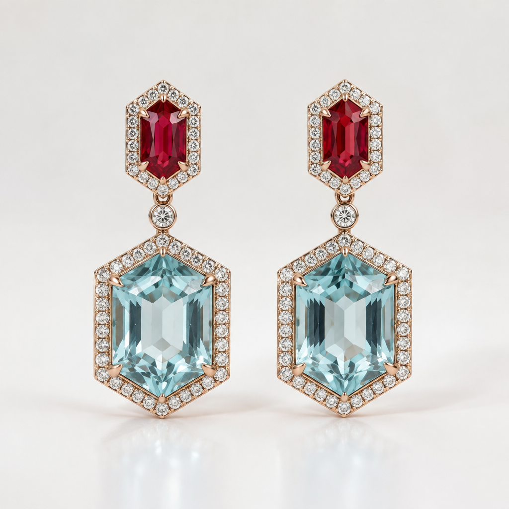 A contemporary women's earrings with aquamarine and ruby stones suitable for engagement. ต้องการทรงสี่เหลี่ยมผสมทรงหกเหลี่ยม
photorealistic jewelry design, A contemporary women's earrings with aquamarine and ruby stones suitable for engagement. ต้องการทรงสี่เหลี่ยมผสมทรงหกเหลี่ยม, contemporary style, just the design no text