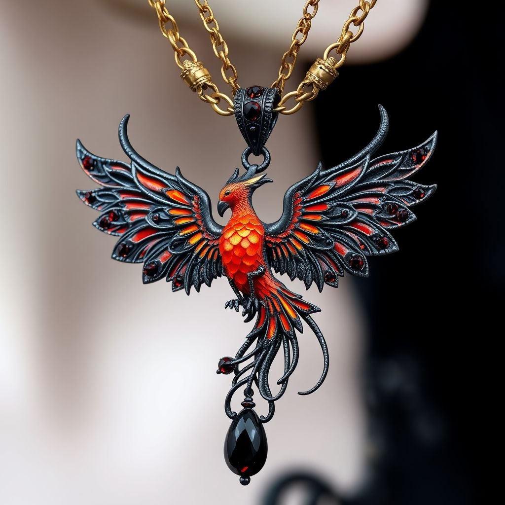 A orange and red phoenix pendant with gold chain necklace 