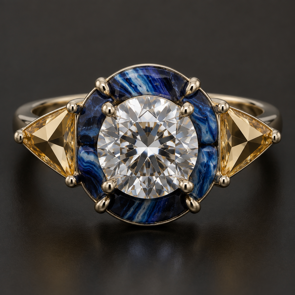 The sapphire around the center stone should have the exact coloration and pattern as the object from the second image. The yellow, trillion cut gemstones have triangular facets made out pure, polished Pyrite. The sapphire around the center stone should have the exact coloration and pattern as the object from the second image. The yellow, trillion cut gemstones have triangular facets made out pure, polished Pyrite.
photorealistic jewelry design, The sapphire around the center stone should have the exact coloration and pattern as the object from the second image. The yellow, trillion cut gemstones have triangular facets made out pure, polished Pyrite. The sapphire around the center stone should have the exact coloration and pattern as the object from the second image. The yellow, trillion cut gemstones have triangular facets made out pure, polished Pyrite., just the design no text