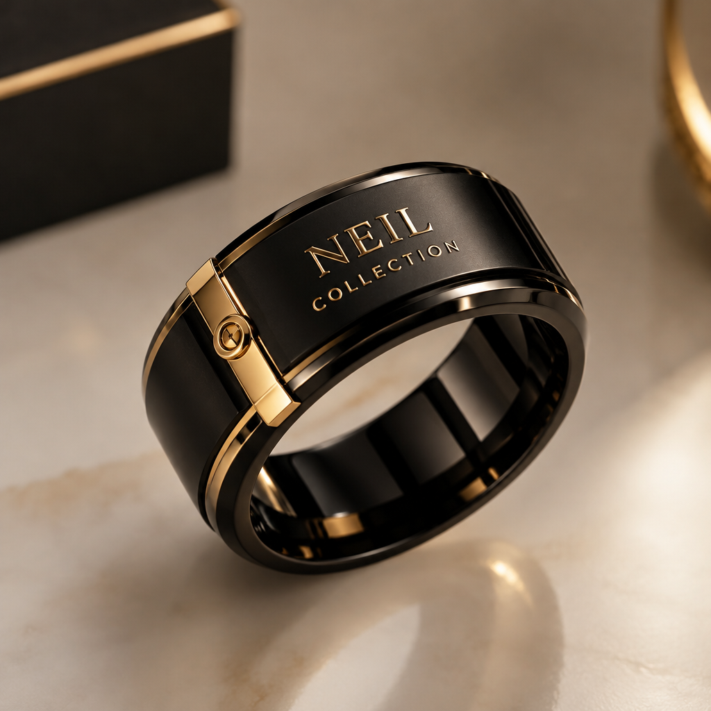 A women's ring. PROJET DE CRÉATION — NEIL COLLECTION
Je souhaite créer une bague élégante, moderne et luxueuse pour ma marque Neil Collection.
- Forme et taille : une bague de taille moyenne à légèrement grande, avec un design raffiné et masculin.
- Couleur : noir brillant ou noir mat, avec une finition de qualité.
- Logo : le nom NEIL COLLECTION doit être inscrit sur la bague en couleur dorée, pour donner un aspect luxueux et prestigieux.
- Détail particulier : ajouter un petit élément métallique discret sur le bord de la bague, comme un petit clip ou une attache décorative, pour apporter une touche originale.
- Style général : minimaliste, élégant, distinctif et haut de gamme.
L'objectif est de créer une bague qui représente l'identité de Neil Collection : une marque de bijoux au style luxueux, avec une finition soignée et un design reconnaissable.
photorealistic jewelry design, A women's ring. PROJET DE CRÉATION — NEIL COLLECTION
Je souhaite créer une bague élégante, moderne et luxueuse pour ma marque Neil Collection.
- Forme et taille : une bague de taille moyenne à légèrement grande, avec un design raffiné et masculin.
- Couleur : noir brillant ou noir mat, avec une finition de qualité.
- Logo : le nom NEIL COLLECTION doit être inscrit sur la bague en couleur dorée, pour donner un aspect luxueux et prestigieux.
- Détail particulier : ajouter un petit élément métallique discret sur le bord de la bague, comme un petit clip ou une attache décorative, pour apporter une touche originale.
- Style général : minimaliste, élégant, distinctif et haut de gamme.
L'objectif est de créer une bague qui représente l'identité de Neil Collection : une marque de bijoux au style luxueux, avec une finition soignée et un design reconnaissable., modern style, just the design no text