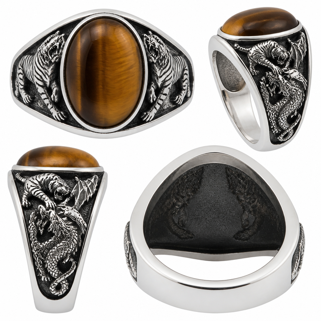 Sterling silver women’s signet ring. Large oval tiger’s eye gemstone in raised bezel at top. Top view: two detailed tigers on left and right sides of the stone facing outward with black oxidized background. Both left and right sides of the band show the exact same battle scene: tiger defeating dragon with claws engaged, dragon’s head and face clearly visible looking upward, full dragon body, scales and wings visible. Professional jewelry photo, white background, multiple angles, sharp realistic.
photorealistic jewelry design, Sterling silver women’s signet ring. Large oval tiger’s eye gemstone in raised bezel at top. Top view: two detailed tigers on left and right sides of the stone facing outward with black oxidized background. Both left and right sides of the band show the exact same battle scene: tiger defeating dragon with claws engaged, dragon’s head and face clearly visible looking upward, full dragon body, scales and wings visible. Professional jewelry photo, white background, multiple angles, sharp realistic., signet style, just the design no text