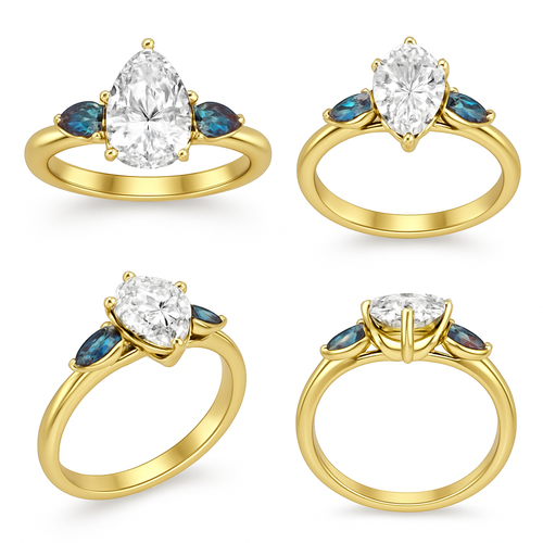 2 carat pear cut diamond with with claw prongs and marquise shaped alexandrite side stones set in a yellow flared shank with full design from all angles 