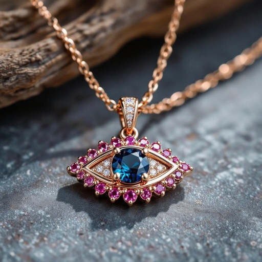 Тонкая цепочка с золотыми шариками и мелкими розовыми камушками на цепочке есть кулон в форме глаза, зрачок глаза из темно синего камня 