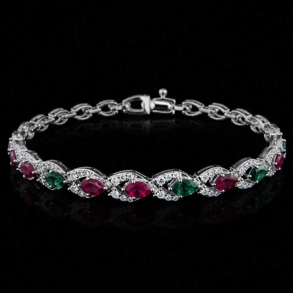 A women's bracelet made of silver with ruby and emerald and diamond stones. create a bracelet saying "BlackyCat67" with a black background and make it realistic
photorealistic jewelry design, A women's bracelet made of silver with ruby and emerald and diamond stones. create a bracelet saying "BlackyCat67" with a black background and make it realistic, modern style, just the design no text