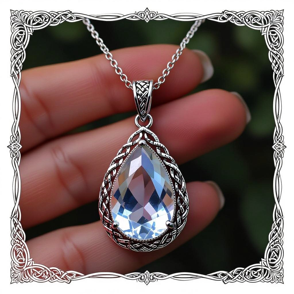 A 50 carat drop-cut IF moonstone gemstone necklace with silver lining around it