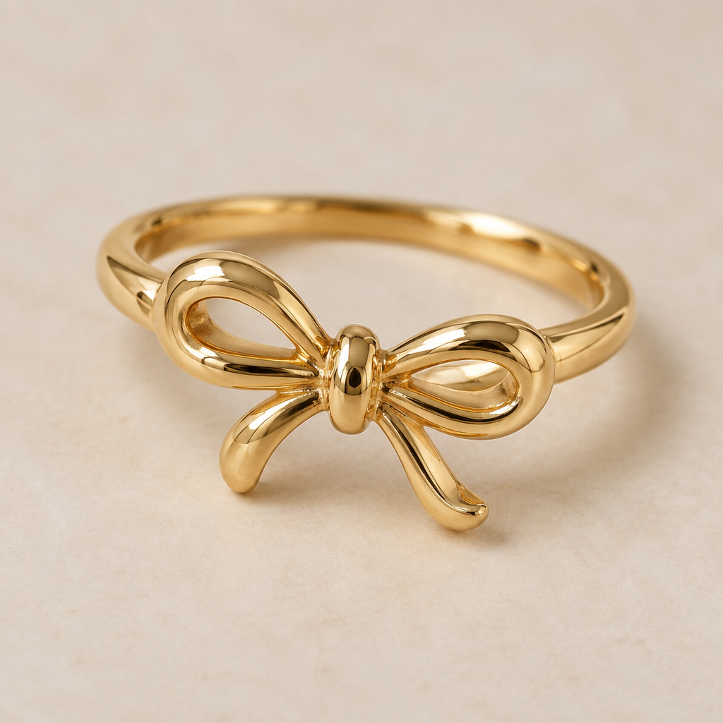 A minimalist women's ring made of gold suitable for daily wear, highly ornate, intricate and elaborate, richly detailed. ring with the aesthetic ribbon design and the ribbon is tilting to right a little bit.
the ring goes around the ribbon not under the ribbon.
the ribbon is tied like a single knot.
the ribbon has two same size loops.
the ribbon is rounded design not flat.
the tail of the ribbon is short.
both of the ribbon tails is a little bit bendy one to the right and the other to the left.
the ribbon is design is supposed to be wrap around the finger not emerge.
photorealistic jewelry design, A minimalist women's ring made of gold suitable for daily wear, highly ornate, intricate and elaborate, richly detailed. ring with the aesthetic ribbon design and the ribbon is tilting to right a little bit.
the ring goes around the ribbon not under the ribbon.
the ribbon is tied like a single knot.
the ribbon has two same size loops.
the ribbon is rounded design not flat.
the tail of the ribbon is short.
both of the ribbon tails is a little bit bendy one to the right and the other to the left.
the ribbon is design is supposed to be wrap around the finger not emerge., minimalist style, just the design no text