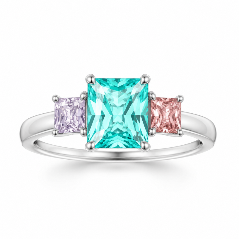 A minimalist women's ring made of white gold suitable for wedding. different colour gemstones with radiant cut (10x10mm) paraiba in middle
using the attached image as a visual reference, create A minimalist women's ring made of white gold suitable for wedding. different colour gemstones with radiant cut (10x10mm) paraiba in middle. photorealistic, just the design no text