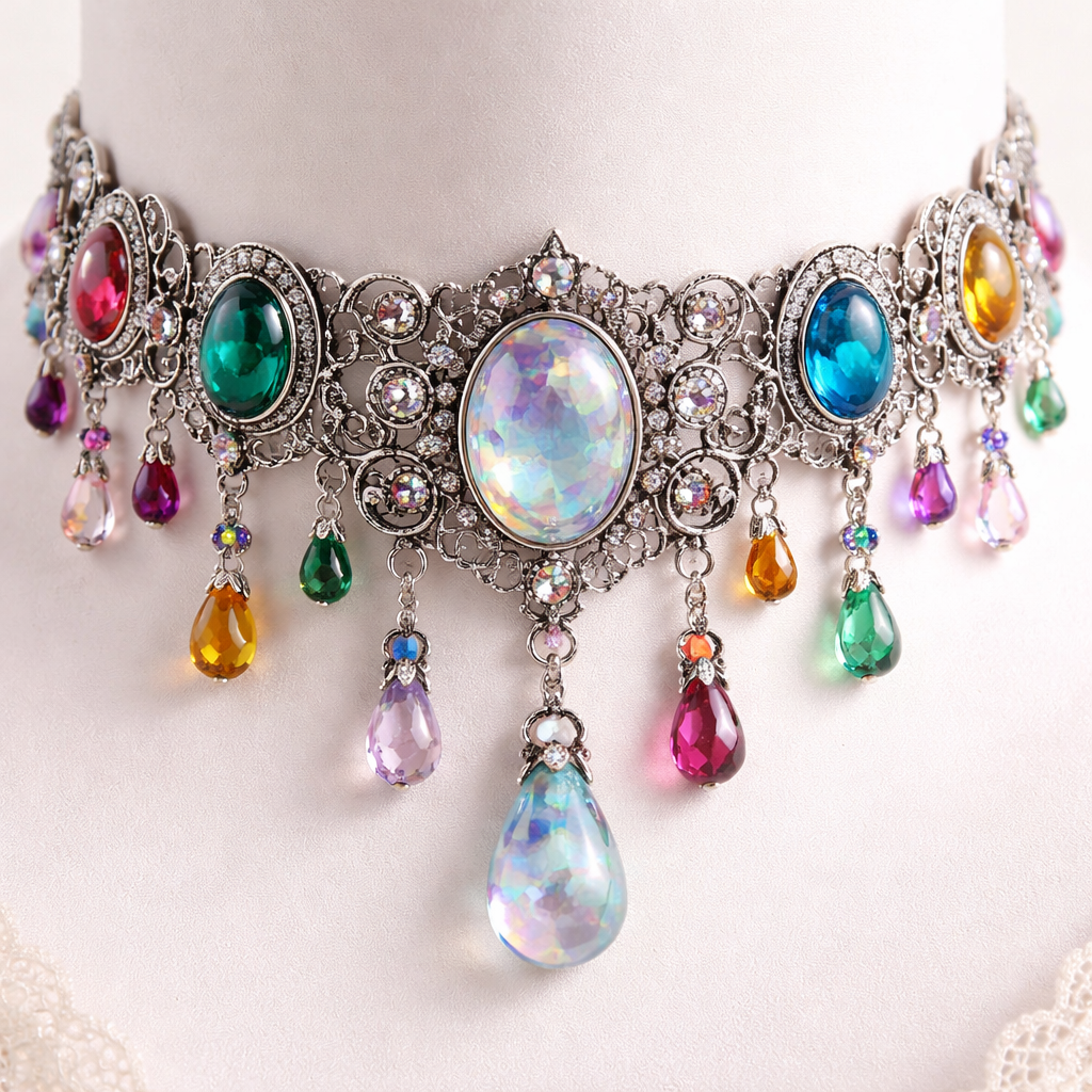 Colourful resin and bead choker in silver