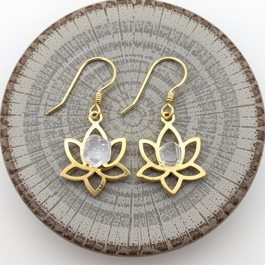 Серьги золото изящный маленький плоский лотос с необработанным маленьким хрусталем в центре