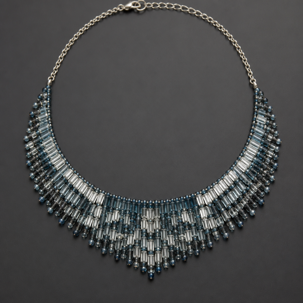 A women's necklace. create a bib necklace design with small rectangular and round glass beads
photorealistic jewelry design, A women's necklace. create a bib necklace design with small rectangular and round glass beads, modern style, just the design no text